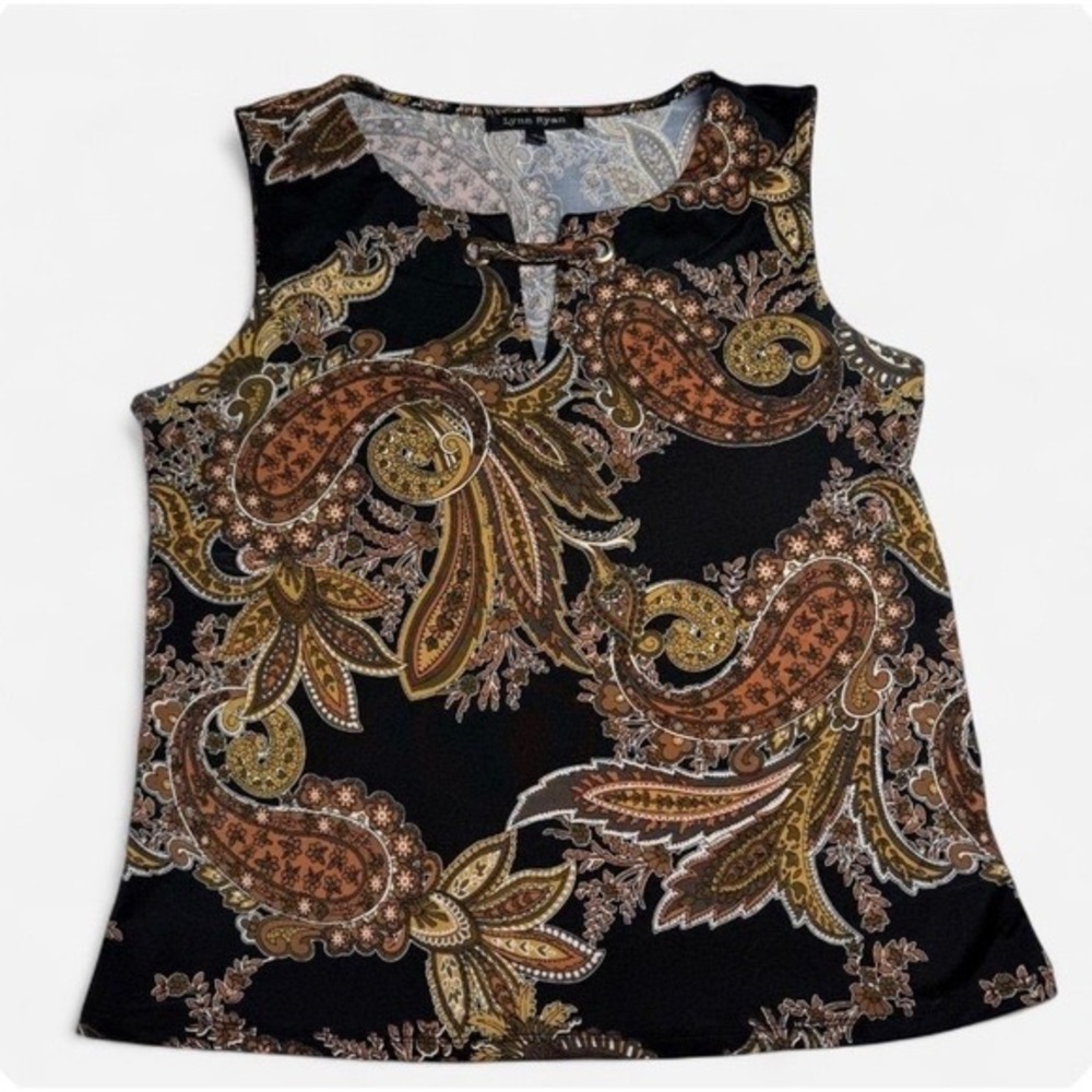Lynn Ryan Paisley Sleeveless Top Career Retro Business Black Keyhole Neck‎ Large